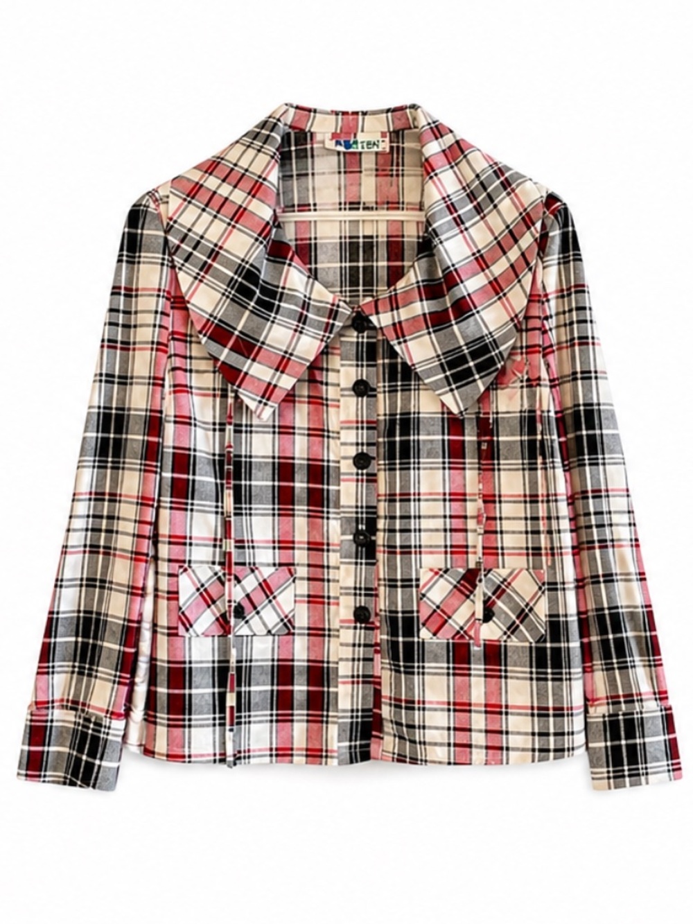 Vintage “K TEEN” White & Red Plaid Drawstring Collar Blouse –Size Large Like New